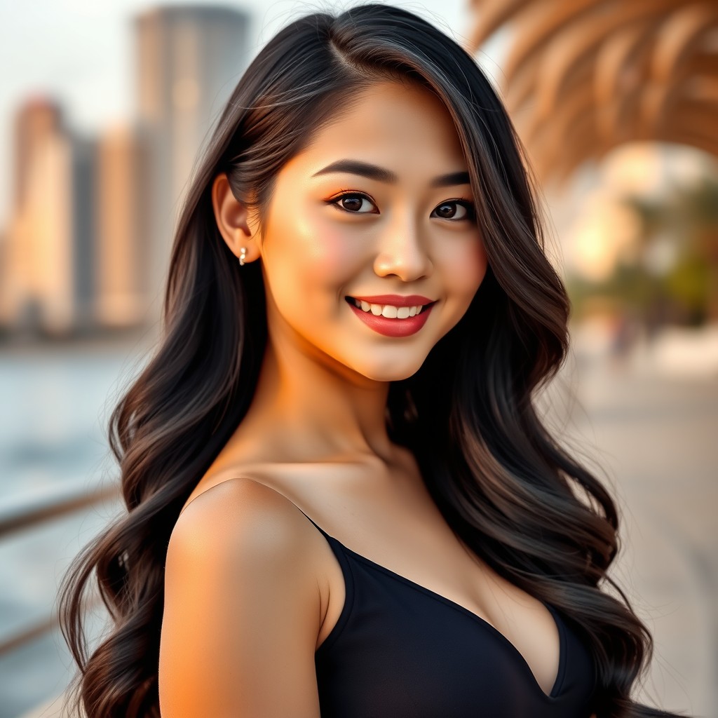A portrait of a 19-year-old Asian woman with long, silky black hair styled in soft, elegant waves, standing confidently with a radiant and captivating smile