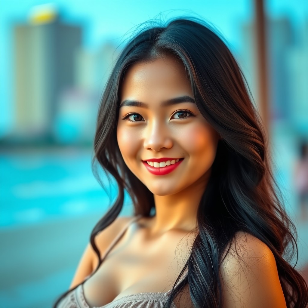 Portrait of a 19-year-old Asian woman with long black hair styled in soft waves, standing confidently with a captivating smile