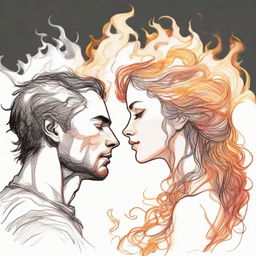 Sketch a man deeply gazing at a side-profile woman whose hair is artistically made up of flames, set against a sunset humming to the rhythm of music.