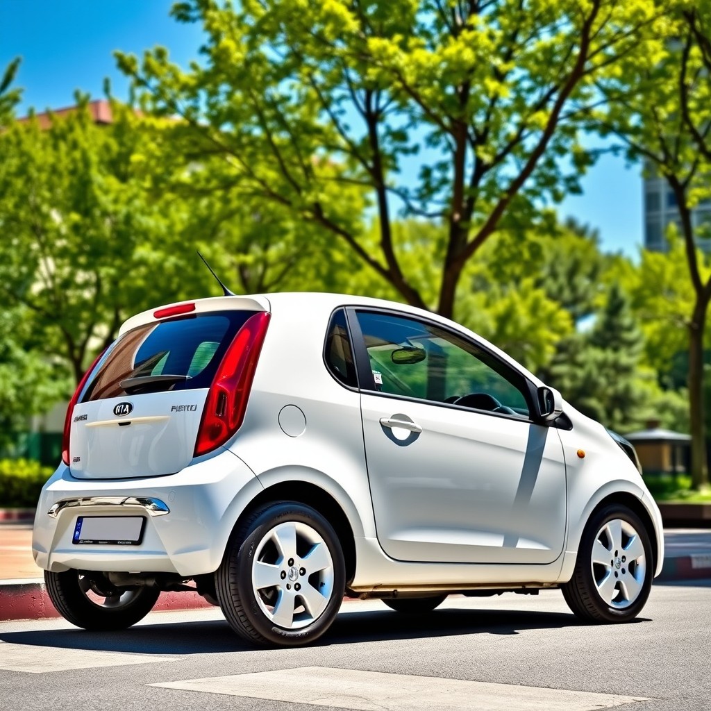 A pristine white 2007 Kia Picanto parked in a sunny urban setting, showcasing its compact and stylish design