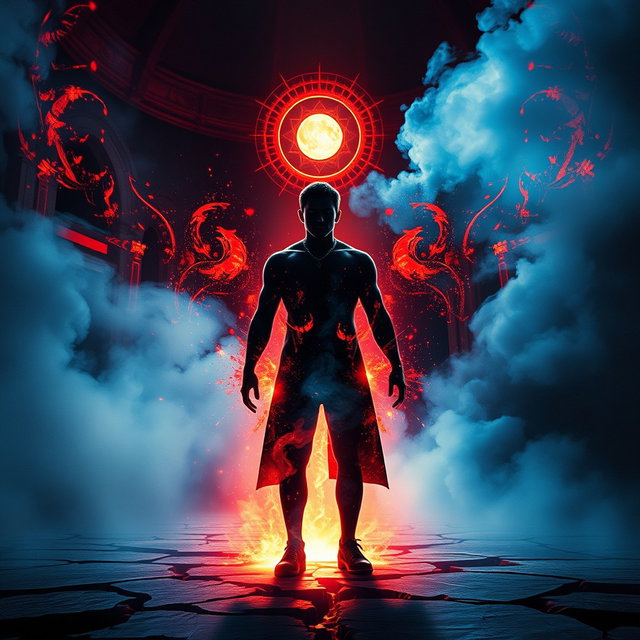 Cinematic album cover in portrait orientation, evoking spiritual unrest and raw human emotion featuring a male figure dissolving at the edges, backlit by explosive dynamic lighting in obsidian black, deep crimson, spectral white, and electric blue