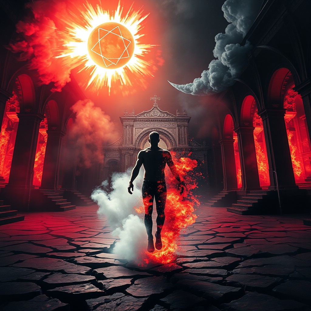 A cinematic album cover in portrait orientation, depicting a male figure dissolving at the edges, backlit by explosive dynamic lighting in obsidian black, deep crimson, spectral white, and electric blue