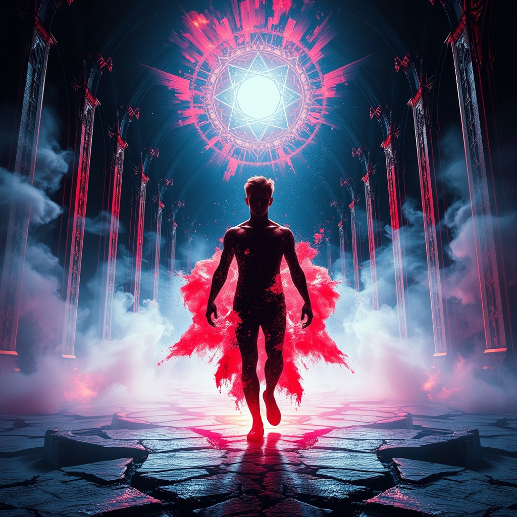 A cinematic album cover in portrait orientation, capturing spiritual unrest and raw human emotion — a male figure dissolving at the edges, backlit by explosive dynamic lighting featuring obsidian black, deep crimson, spectral white, and electric blue hues