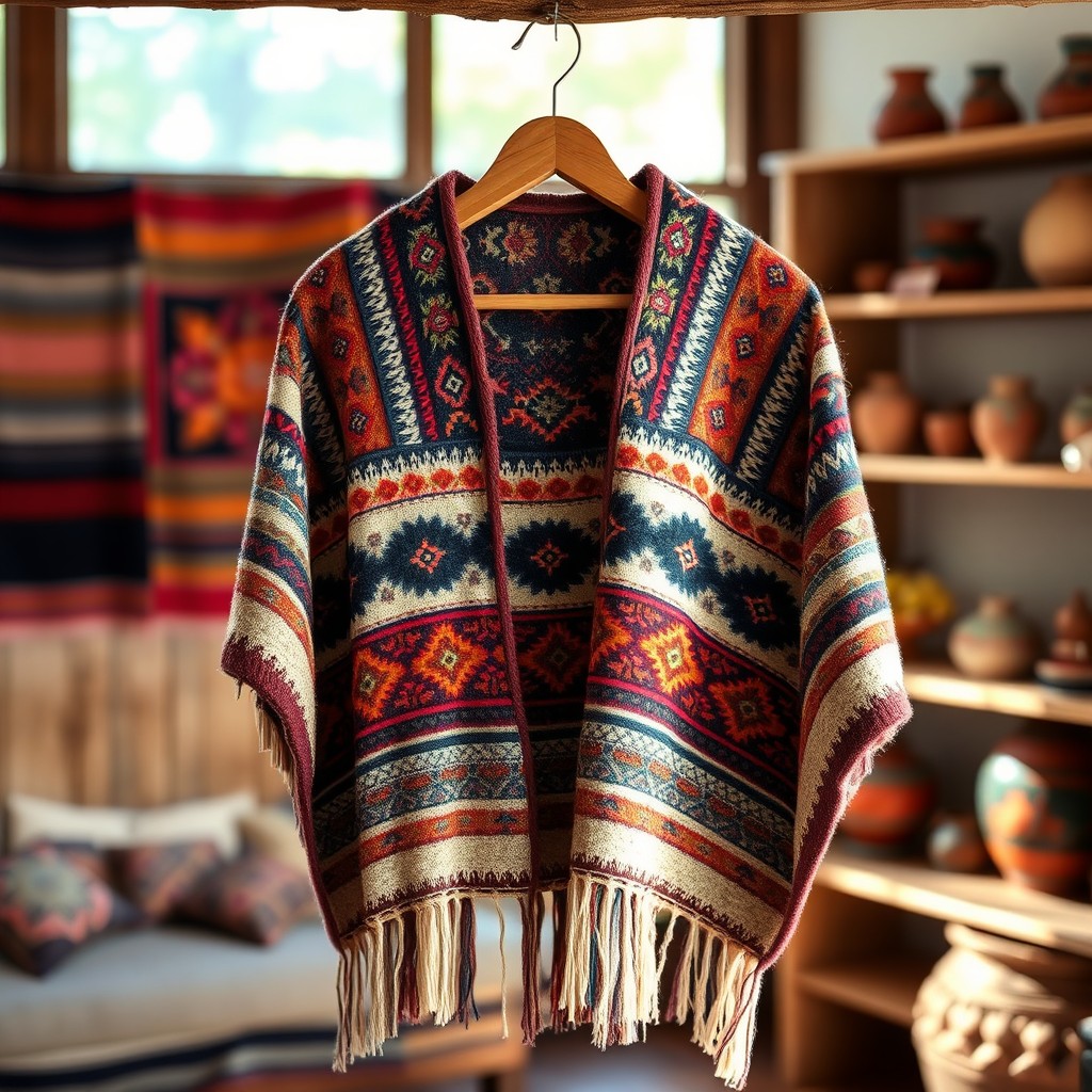A beautifully intricate and colorful alpaca poncho draped elegantly on a rustic wooden hanger