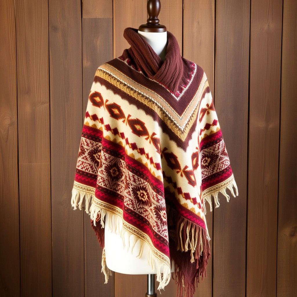 A beautifully handcrafted alpaca poncho, showcasing intricate patterns and vibrant colors typical of traditional Andean textiles
