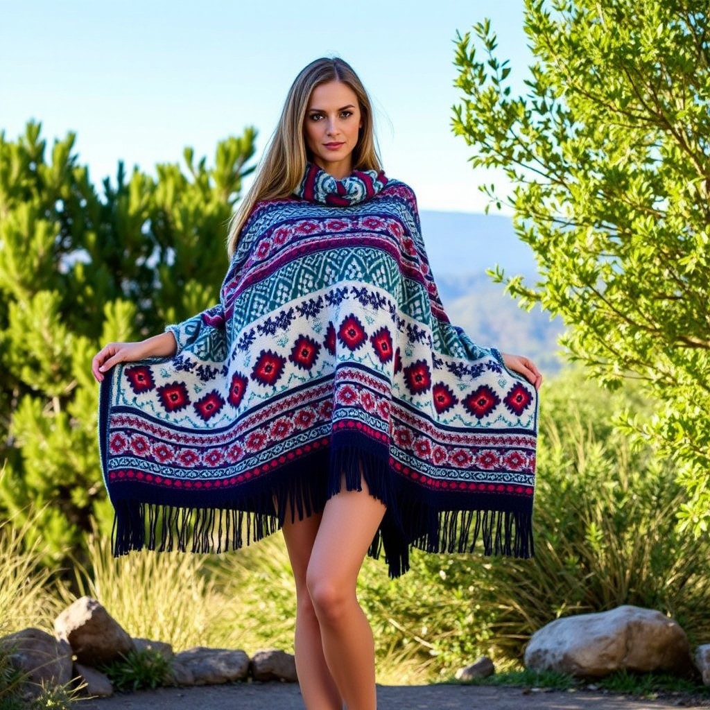 A beautifully designed alpaca poncho, featuring intricate patterns and vibrant colors, showcasing the soft texture and fine craftsmanship