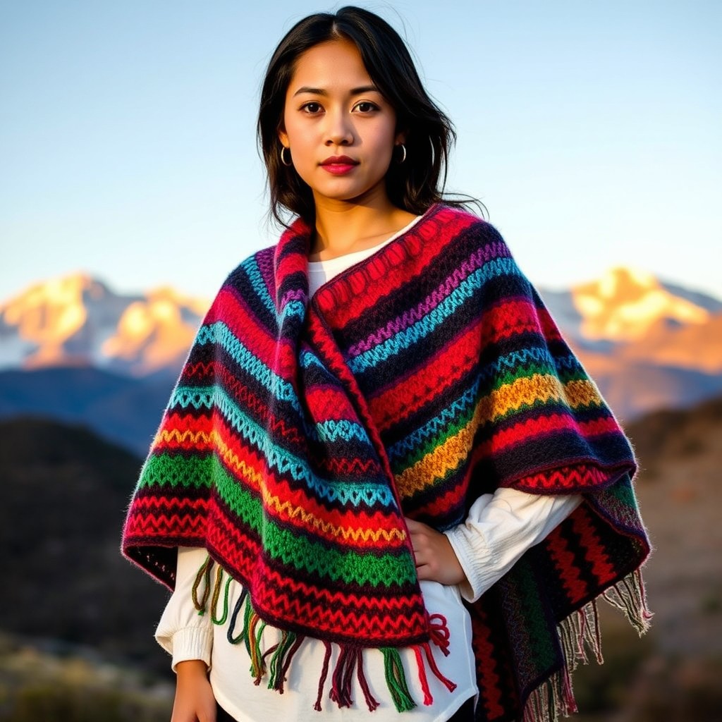 A vibrant and intricately patterned poncho made from soft alpaca wool, showcasing a rainbow of colors including deep reds, bold blues, and lush greens