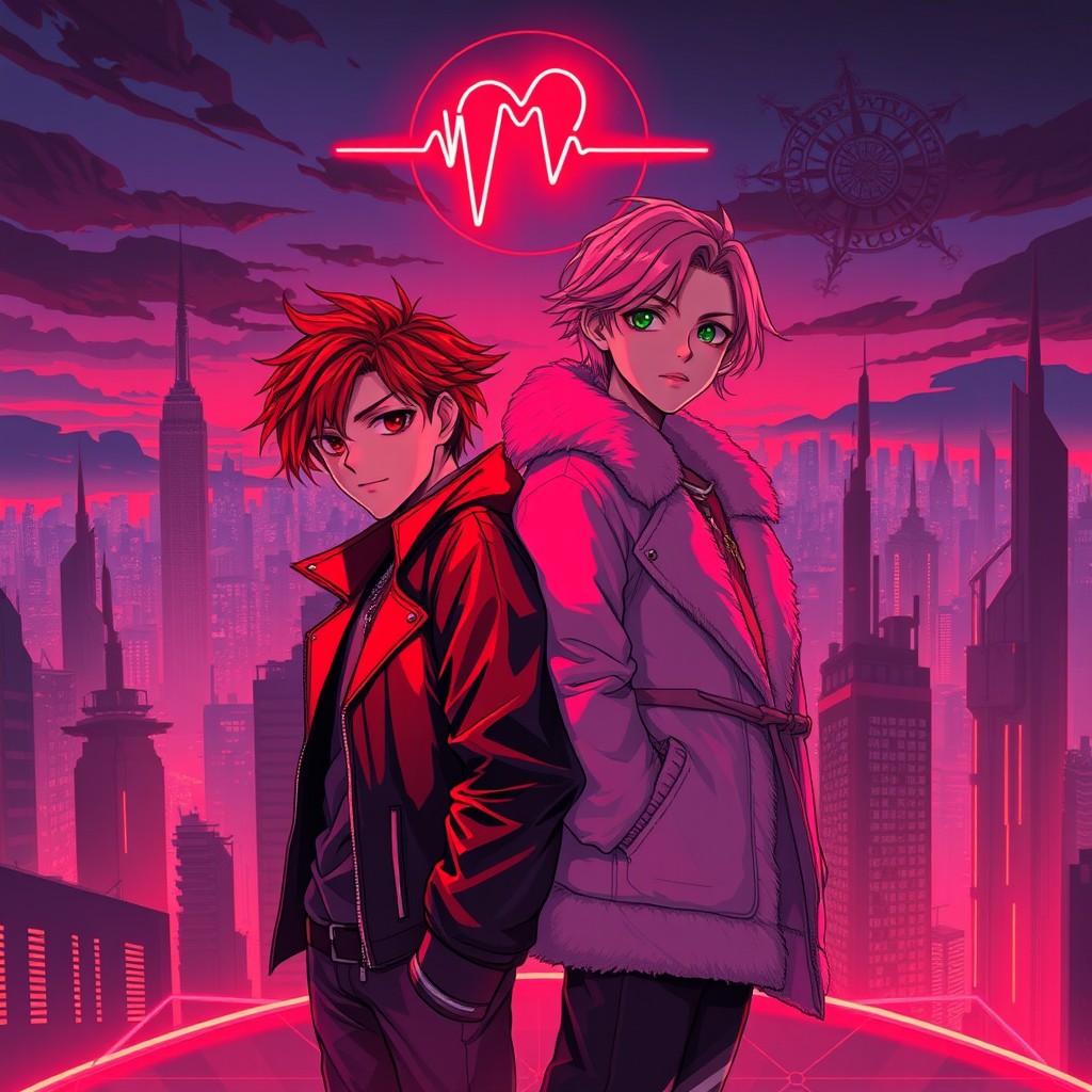 A futuristic city at dusk, bathed in vibrant red and violet neon lights