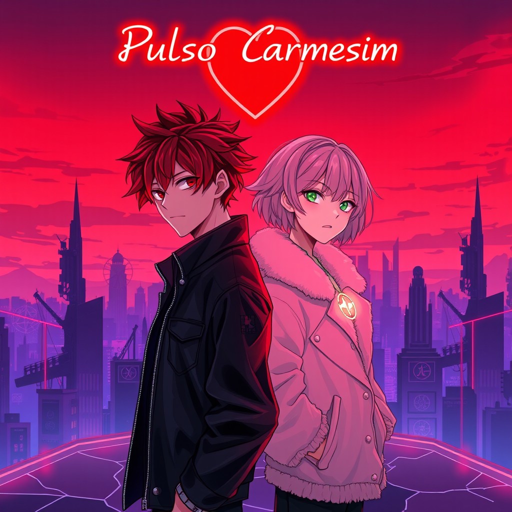 A futuristic city at dusk, illuminated by red and violet neon lights