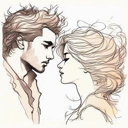 Sketch a man deeply gazing at a side-profile woman whose hair is artistically made up of flames, set against a sunset humming to the rhythm of music.