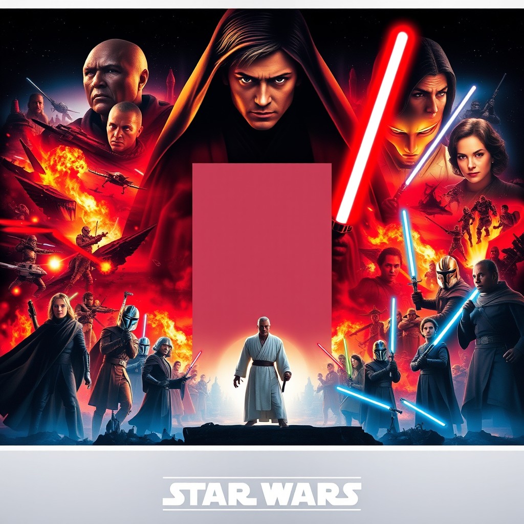 A massive Star Wars movie poster featuring an intense scene of the Jedi Temple on fire during Order 66