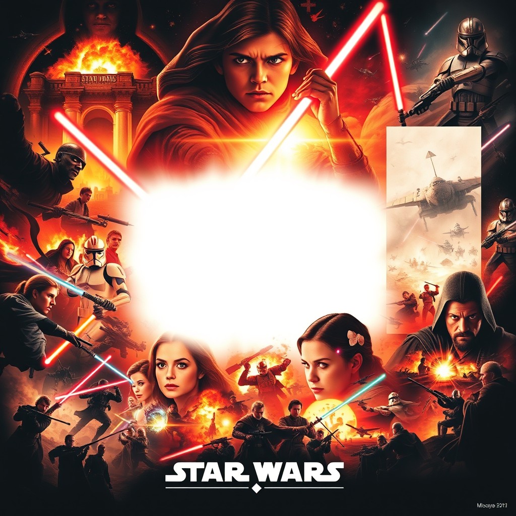 A striking Star Wars movie poster encapsulating the chaos of multiple battles: the Jedi Temple ablaze during Order 66, the intense Clone Wars, the dramatic Battle of Geonosis, the fiery confrontation on Mustafar, and the tumultuous Naboo invasion