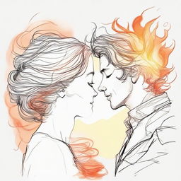 Sketch a man deeply gazing at a side-profile woman whose hair is artistically made up of flames, set against a sunset humming to the rhythm of music.