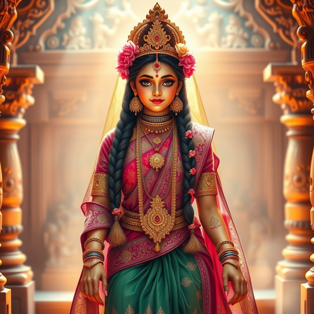 A beautiful Hindu Devi adorned in a traditional outfit, featuring intricate patterns and vibrant colors