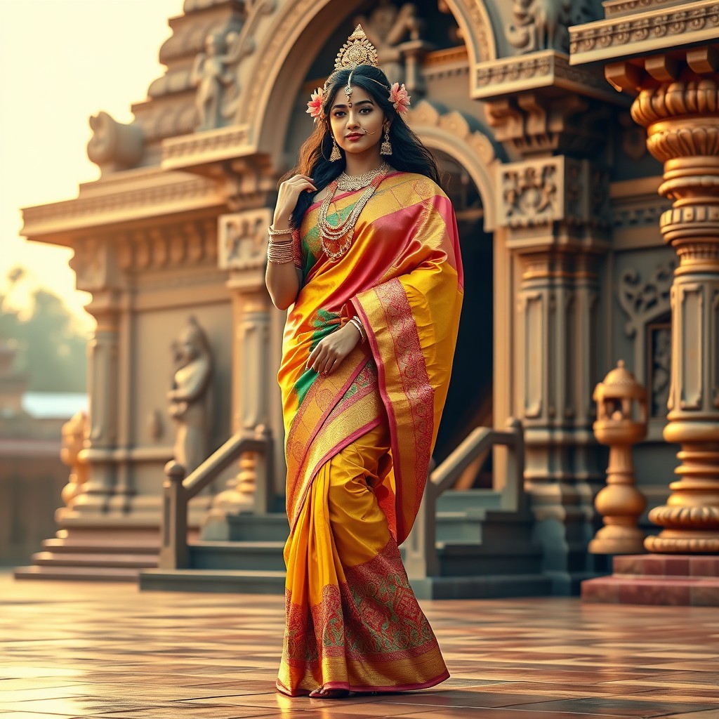 A beautiful Hindu Devi gracefully adorned in an elegant traditional saree with vivid colors and intricate designs