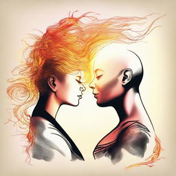 Create a detailed drawing of a bald man, observing a side-profile woman. Her hair, filled with vibrant flames, sets against a musical backdrop of a sunset.