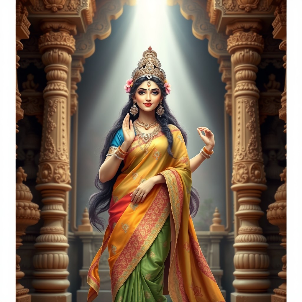 A beautiful Hindu Devi depicted with divine grace, standing elegantly in a traditional pose