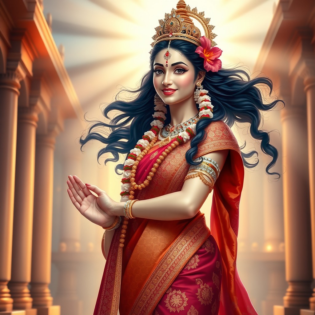 A beautiful Hindu Devi depicted with divine elegance and radiance, standing gracefully in a traditional pose