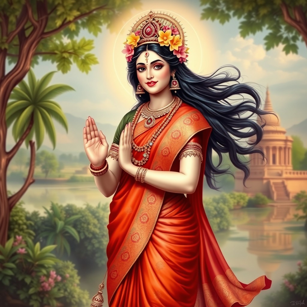 A beautiful Hindu Devi depicted with divine elegance, standing gracefully in a traditional pose