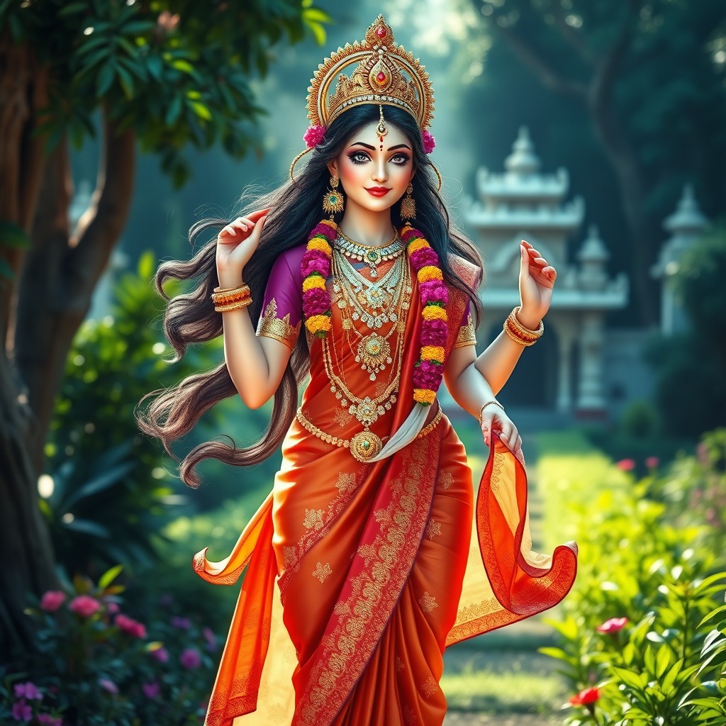 A beautiful Hindu divine Devi portrayed with celestial grace, standing majestically in a traditional stance
