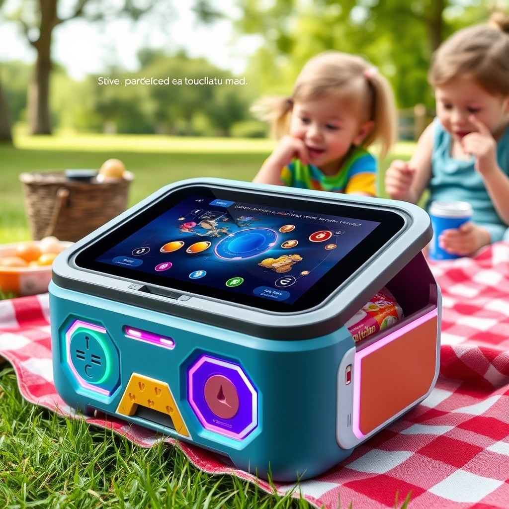 A futuristic lunchbox designed for fun, equipped with a sleek touchscreen surface that allows you to play games