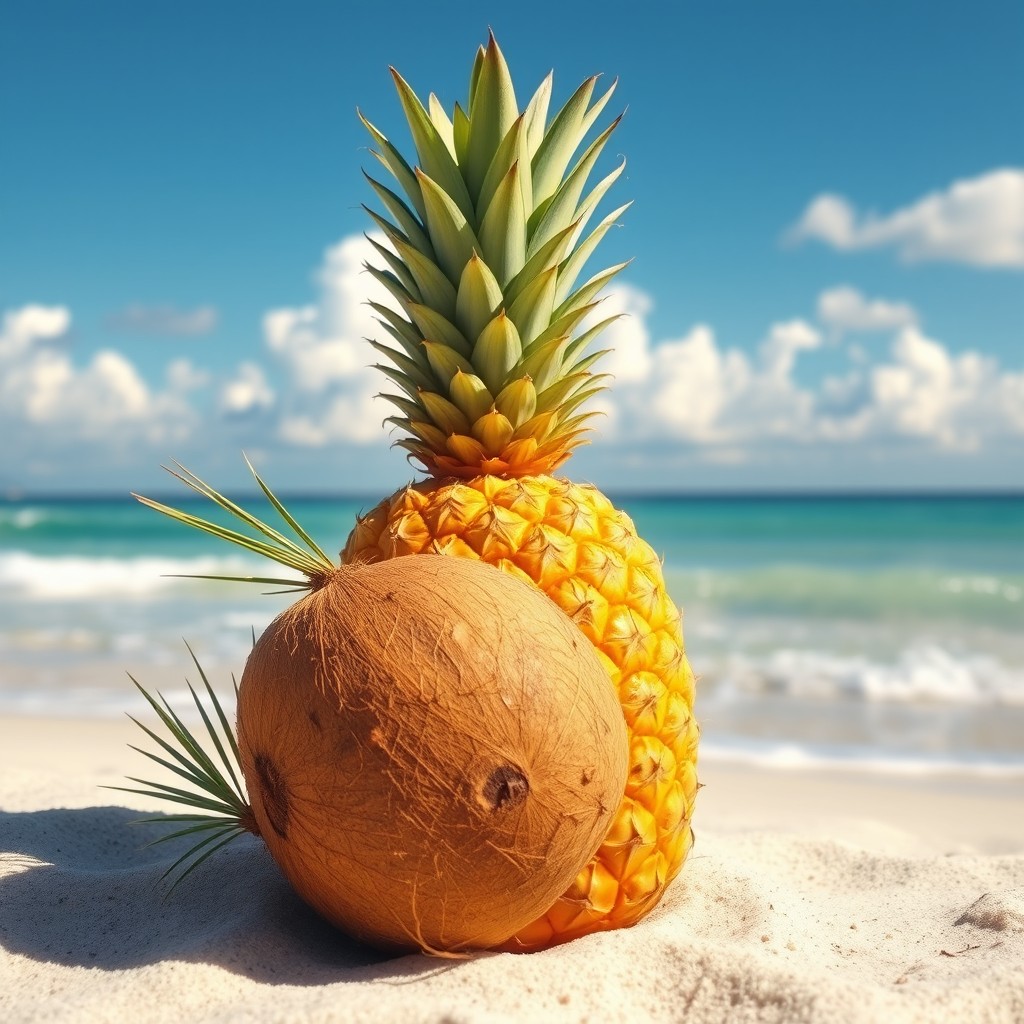 A vibrant and tropical scene featuring a ripe pineapple and a fresh coconut placed harmoniously together on a sandy beach