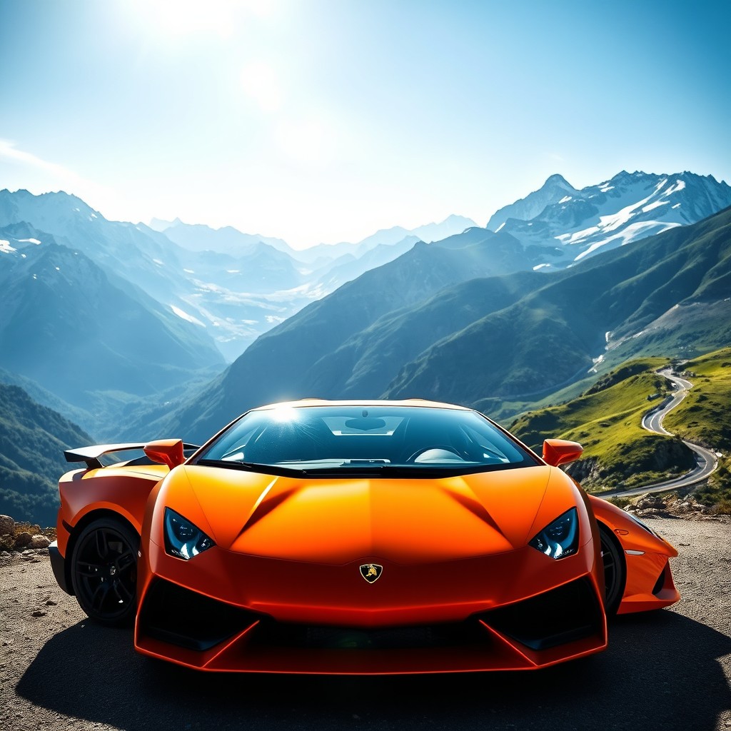 A stunning Lamborghini sports car parked against a breathtaking mountain backdrop, showcasing its sleek lines and vibrant color