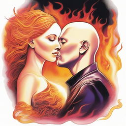 Create a detailed drawing of a bald man, observing a side-profile woman. Her hair, filled with vibrant flames, sets against a musical backdrop of a sunset.