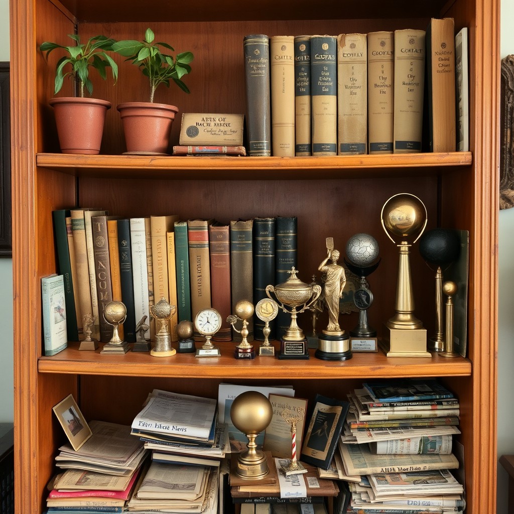 A cluttered old bookcase with distinct shelves
