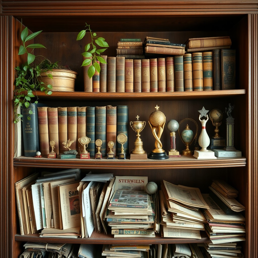 An old and cluttered bookcase filled with character