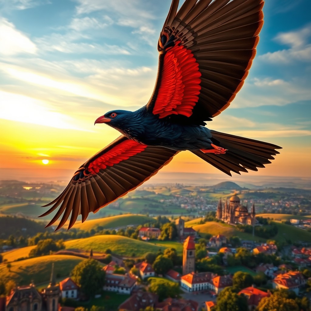 A majestic Hungarian turul bird soaring high above a picturesque landscape, showcasing its impressive wingspan and detailed features, with a vibrant sunset casting warm hues across the sky