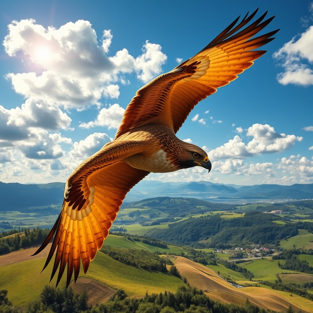 A majestic Hungarian Turul, a mythical bird of prey resembling a large falcon with a powerful wingspan, soaring above a picturesque landscape