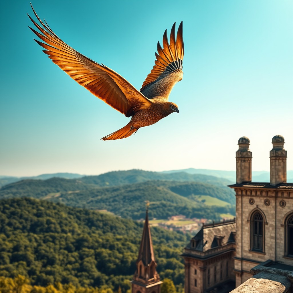 A majestic Hungarian turul bird soaring high in a clear blue sky, its wings spread gracefully as it gazes down upon the lush green landscapes below, capturing the essence of freedom and national pride