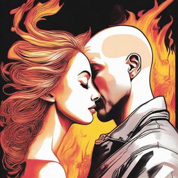 Create a detailed drawing of a bald man, observing a side-profile woman. Her hair, filled with vibrant flames, sets against a musical backdrop of a sunset.