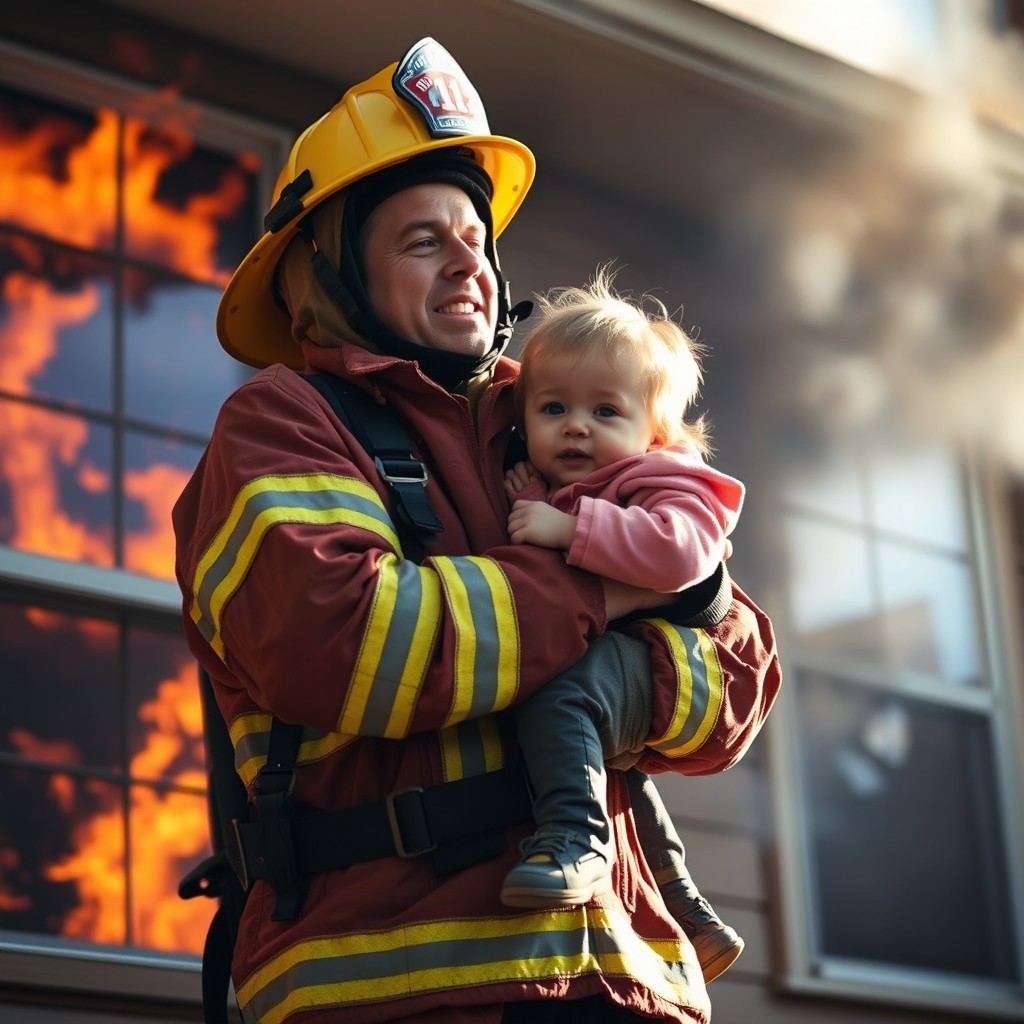 A heroic firefighter in full gear, including a bright yellow helmet and red fire-resistant suit, skillfully rescuing a small child from a smoke-filled building