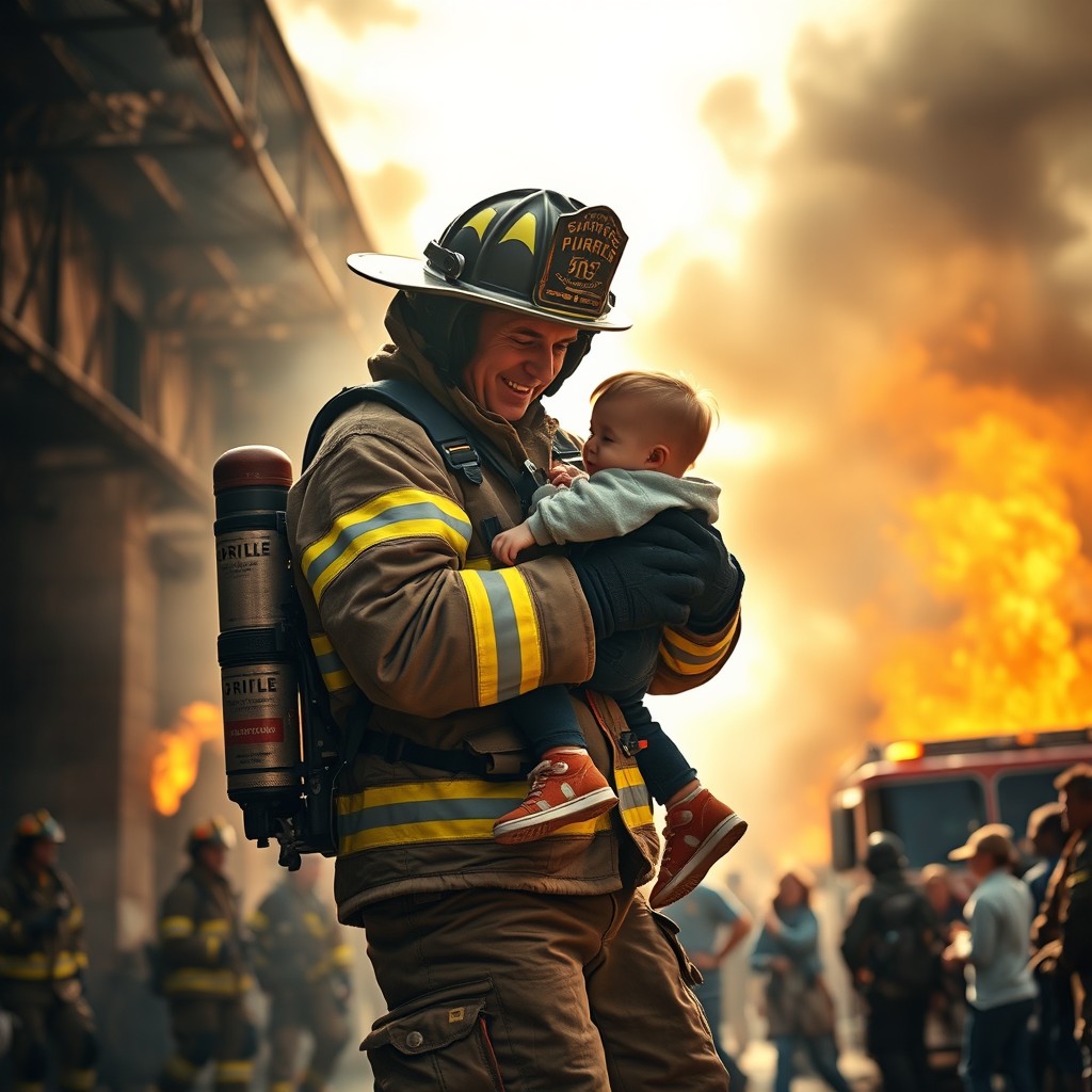 A heroic firefighter rescuing a small child from a burning building