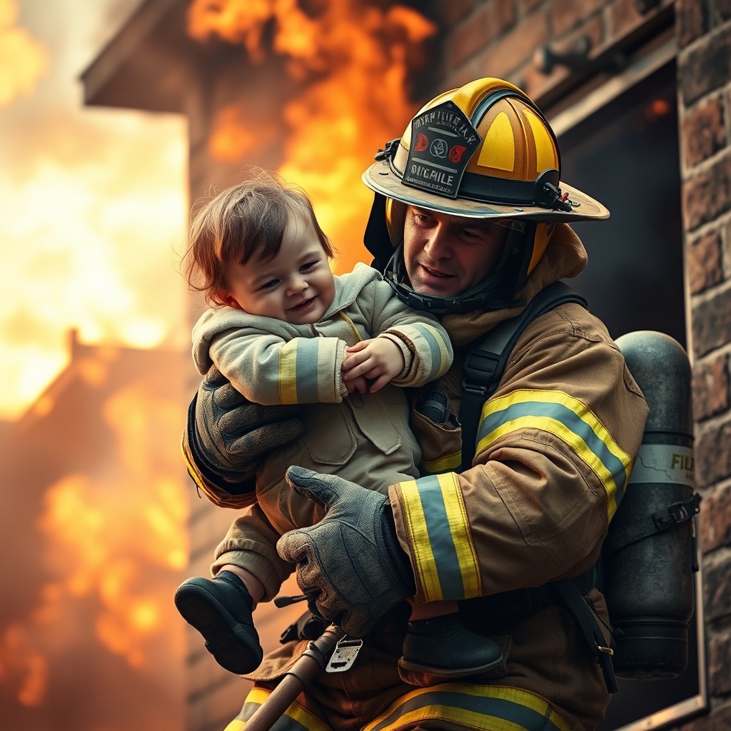 A brave firefighter dramatically rescuing a small child from a burning building