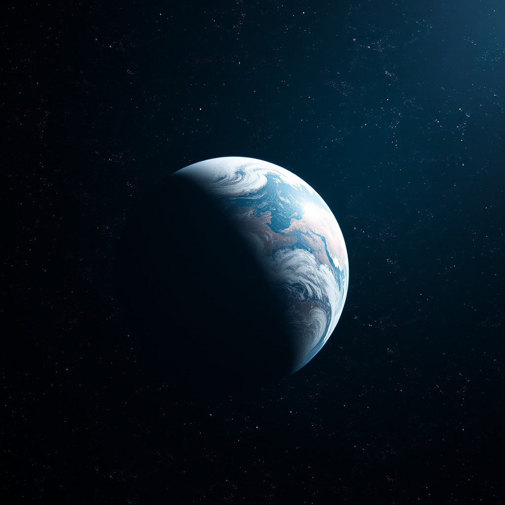 An ultra-realistic depiction of deep dark space featuring a beautiful planet that resembles Earth but is not an exact replica