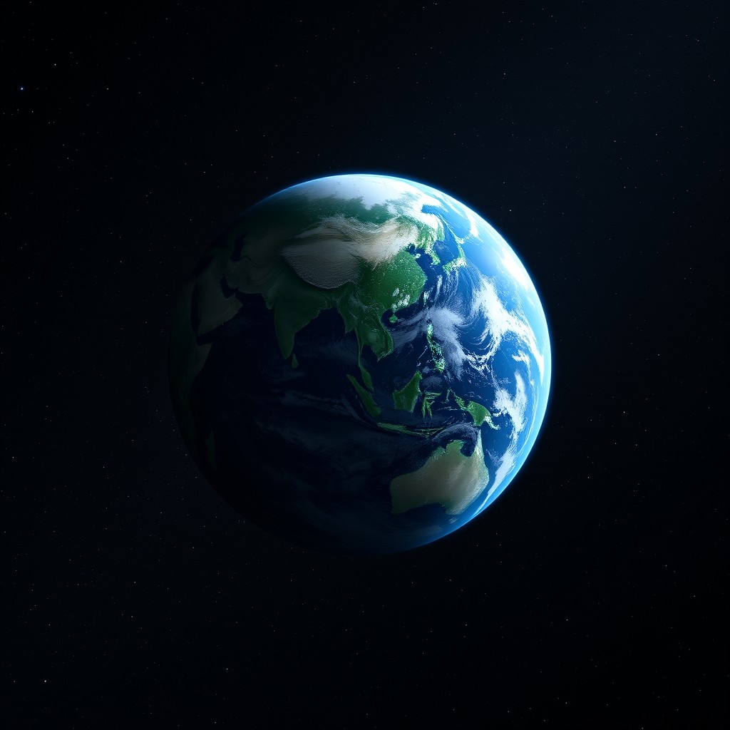 In a vast expanse of deep dark space, a stunningly realistic planet resembling Earth is positioned at the center of the image