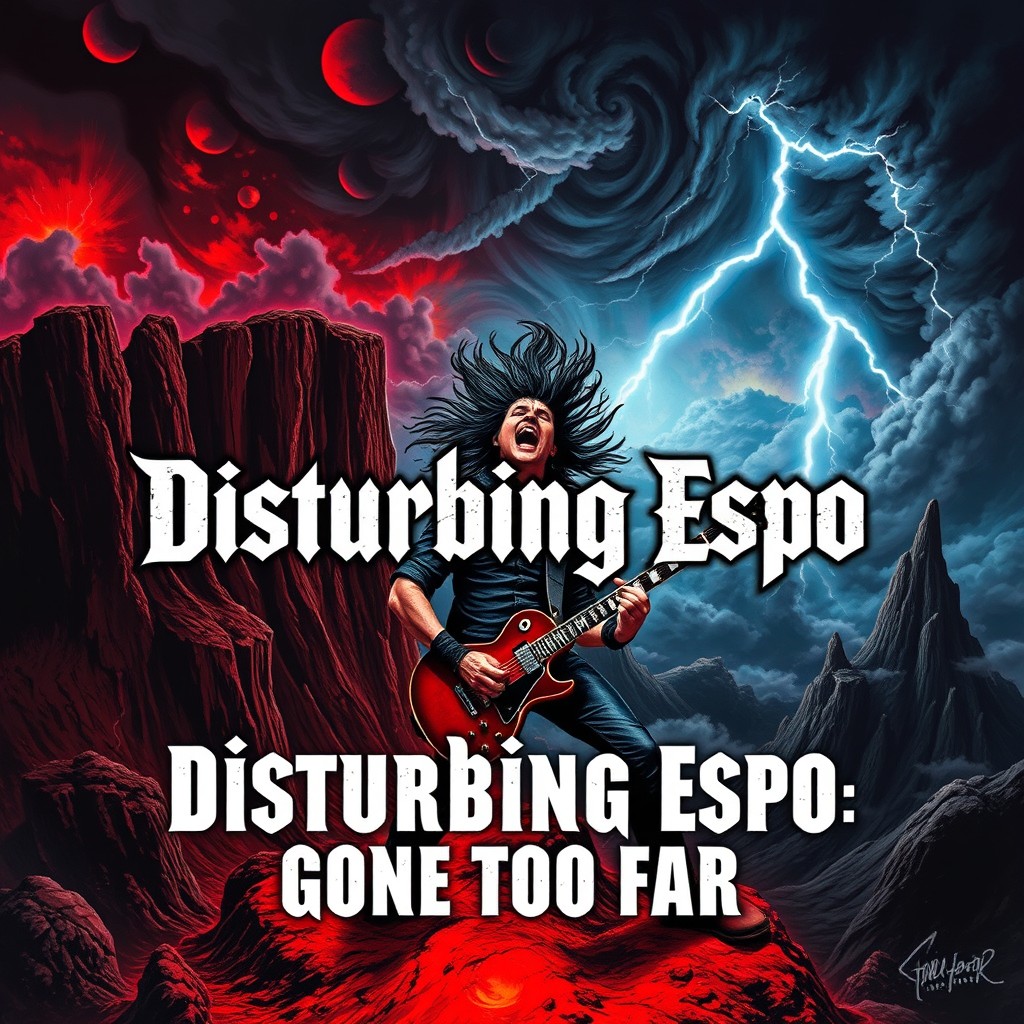 An album cover for a rock song titled 'Disturbing Espo: Gone Too Far'