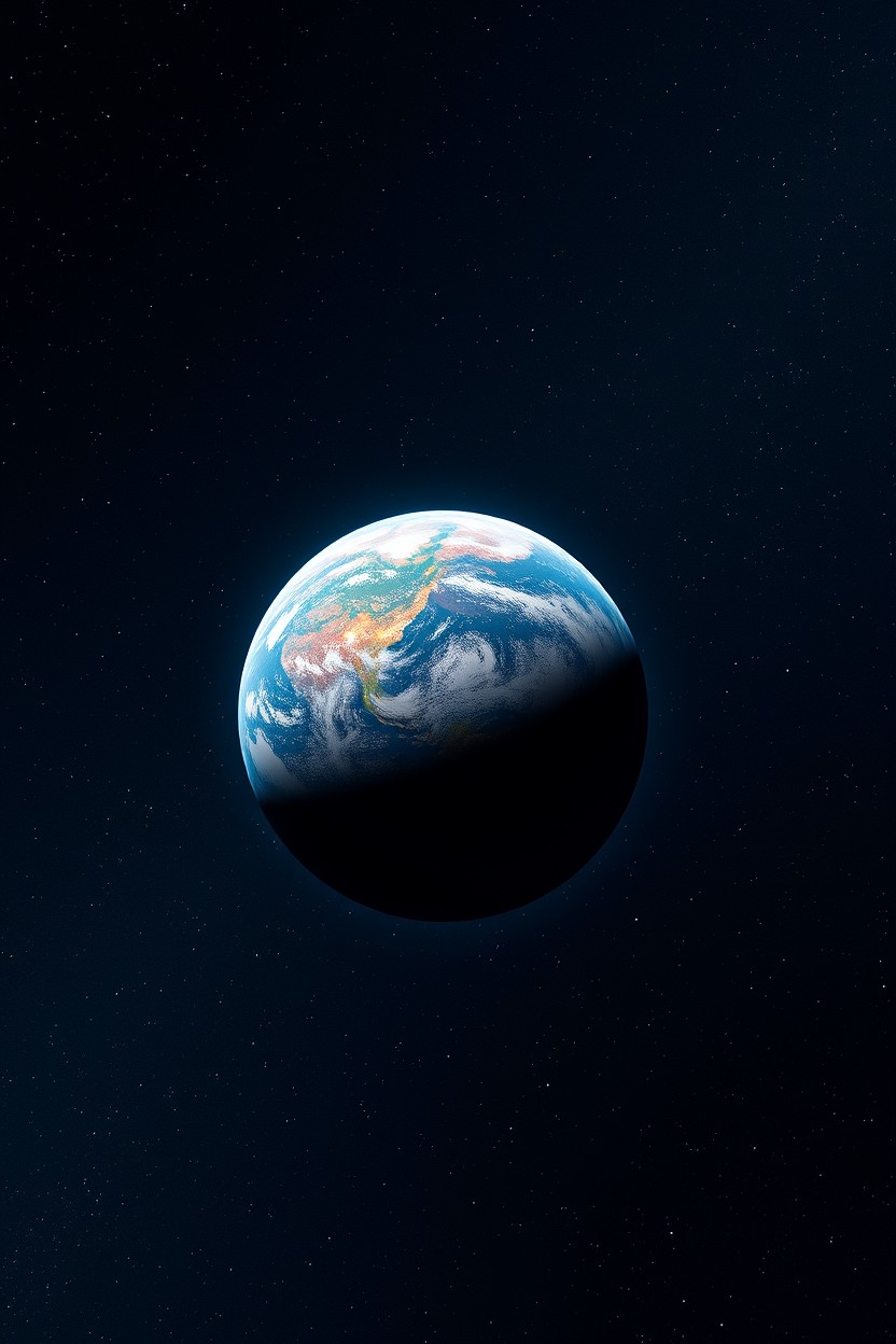 A breathtaking view of deep dark space showcasing a beautiful planet that resembles Earth but with distinct differences, featuring vibrant colors and unique atmospheric patterns