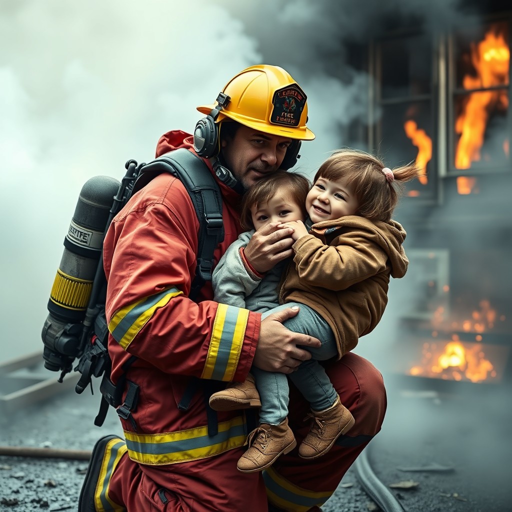 A courageous firefighter equipped with a breathing apparatus, dressed in a protective yellow helmet and a red fire-resistant suit, heroically rescuing multiple children from a smoke-filled environment