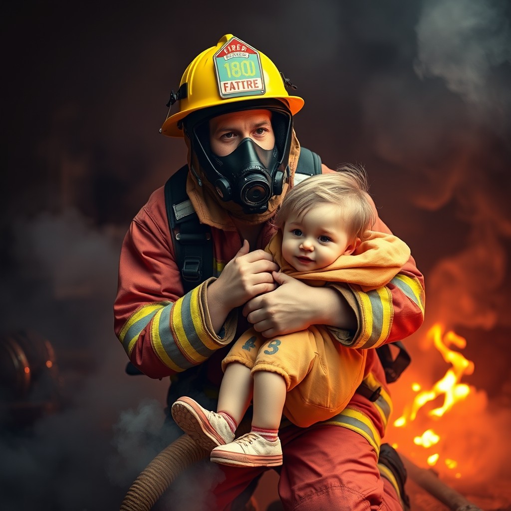 A brave firefighter wearing a breathing apparatus and face mask, fully equipped in a bright yellow helmet and red fire-resistant suit, heroically rescuing multiple children from a smoky environment