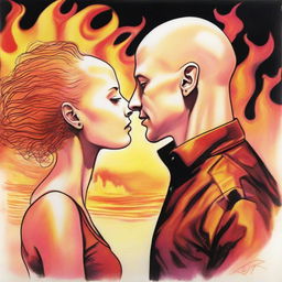 Create a detailed drawing of a bald man, observing a side-profile woman. Her hair, filled with vibrant flames, sets against a musical backdrop of a sunset.