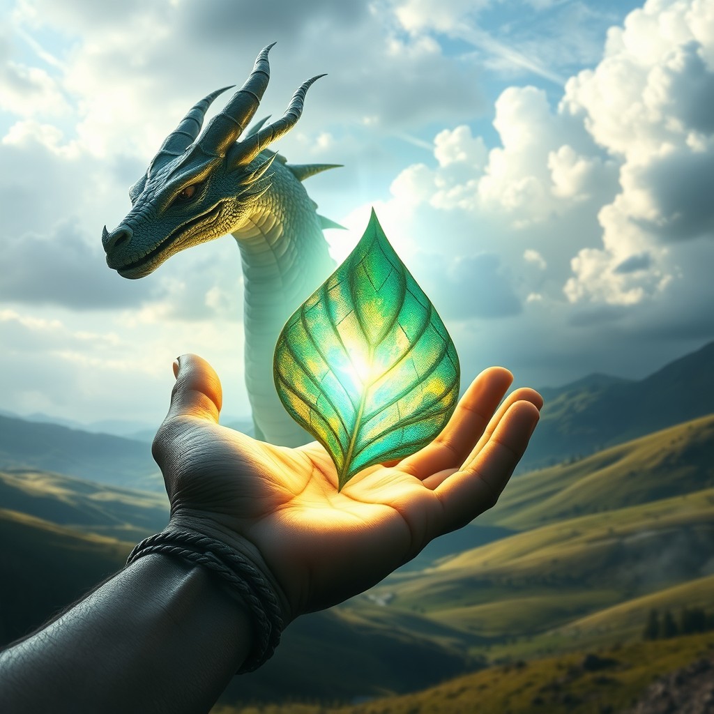 A mystical scene depicting the open palm of a half-human, half-dragon creature offering a large, shimmering dragon scale