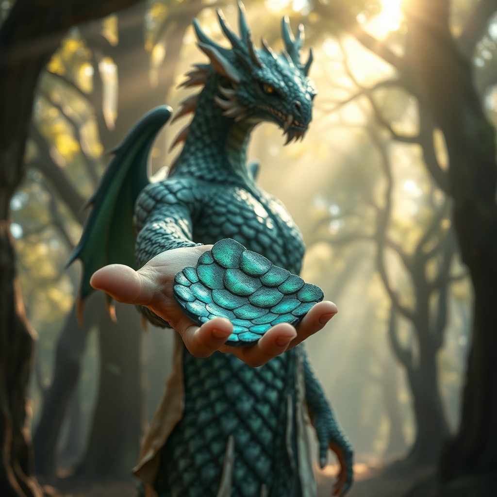 A captivating scene where the open palm of a majestic half-human, half-dragon creature extends towards the viewer, presenting a large, iridescent dragon scale