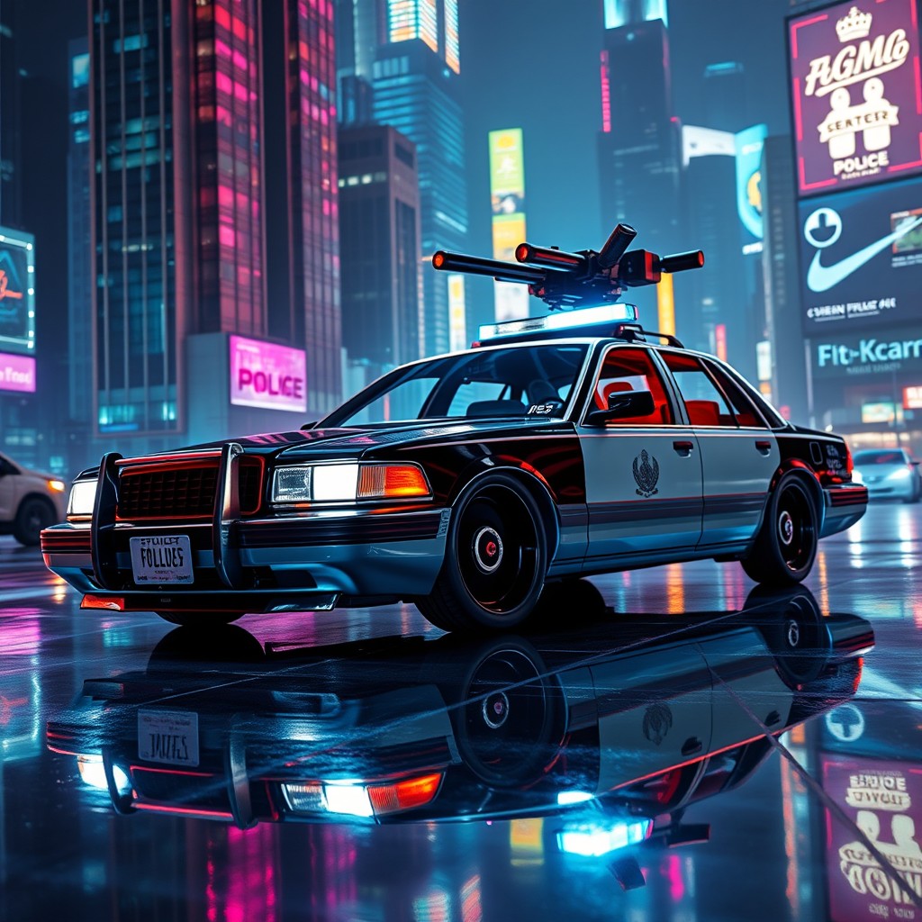 A 1993 Crown Victoria police car featuring a low-profile LED light bar, custom black wheels, and an armed energy cannon mounted on the roof, set in a vibrant cyberpunk cityscape