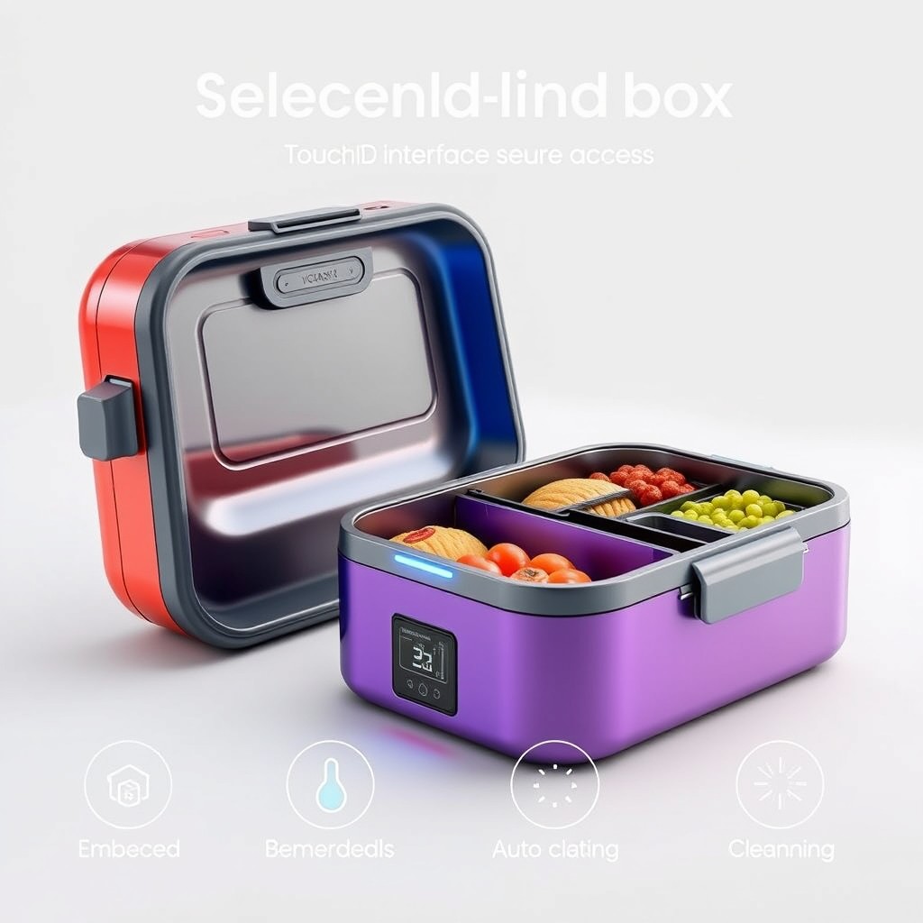 A sleek, modern electric lunch box featuring a touch ID interface for secure access