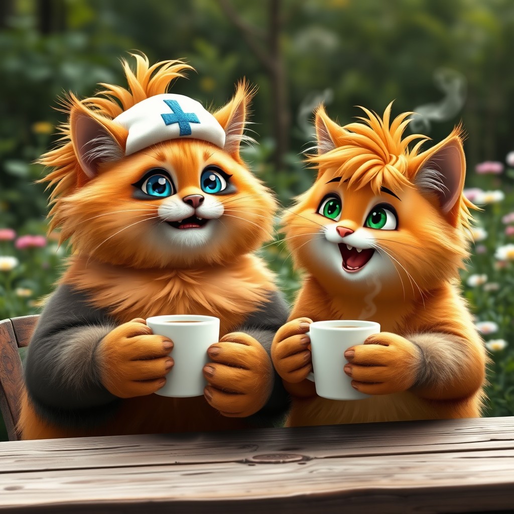 A large, chubby orange cat with big, sweet blue eyes and long, wild fur is sitting at a table outdoors, enjoying a cup of coffee