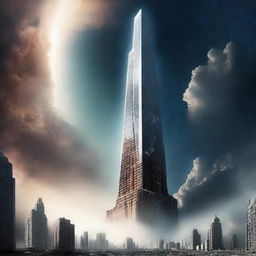 A colossal skyscraper reaching skywards, its top vanishing into the deep expanse of outer space.